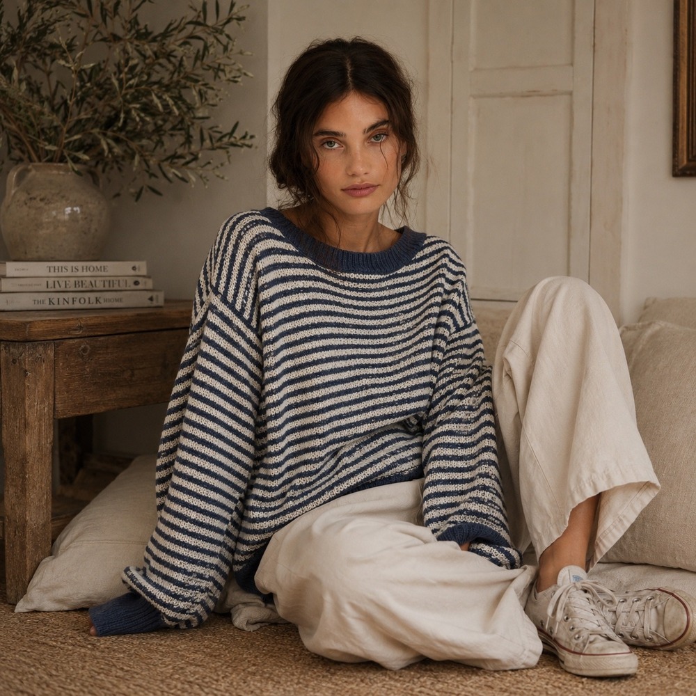 Emery‎ Rose Striped Sweater Womens Size M Blue Preppy Coastal Slouchy Minimalist